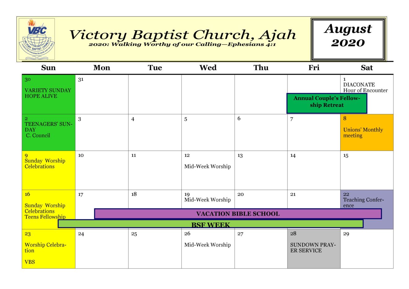 2020 Church Calendar – Victory Baptist Church Ajah