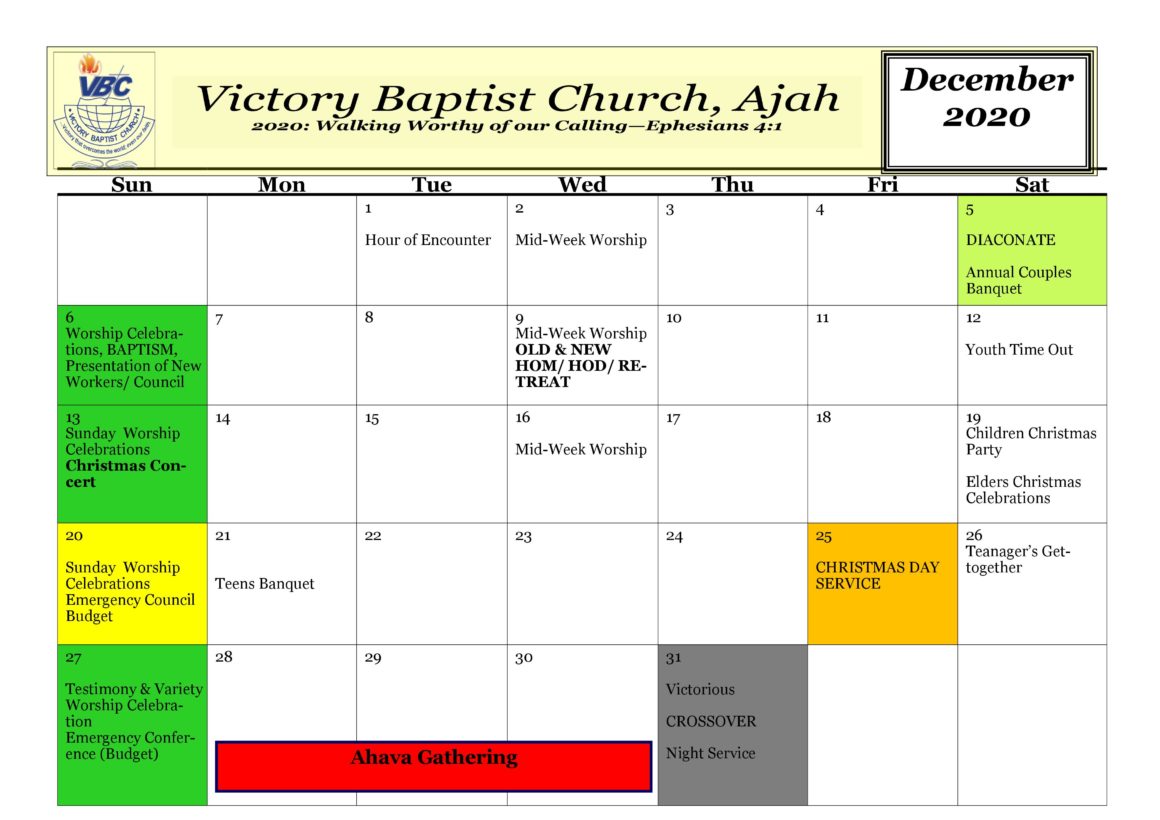 2020 Church Calendar Victory Baptist Church Ajah